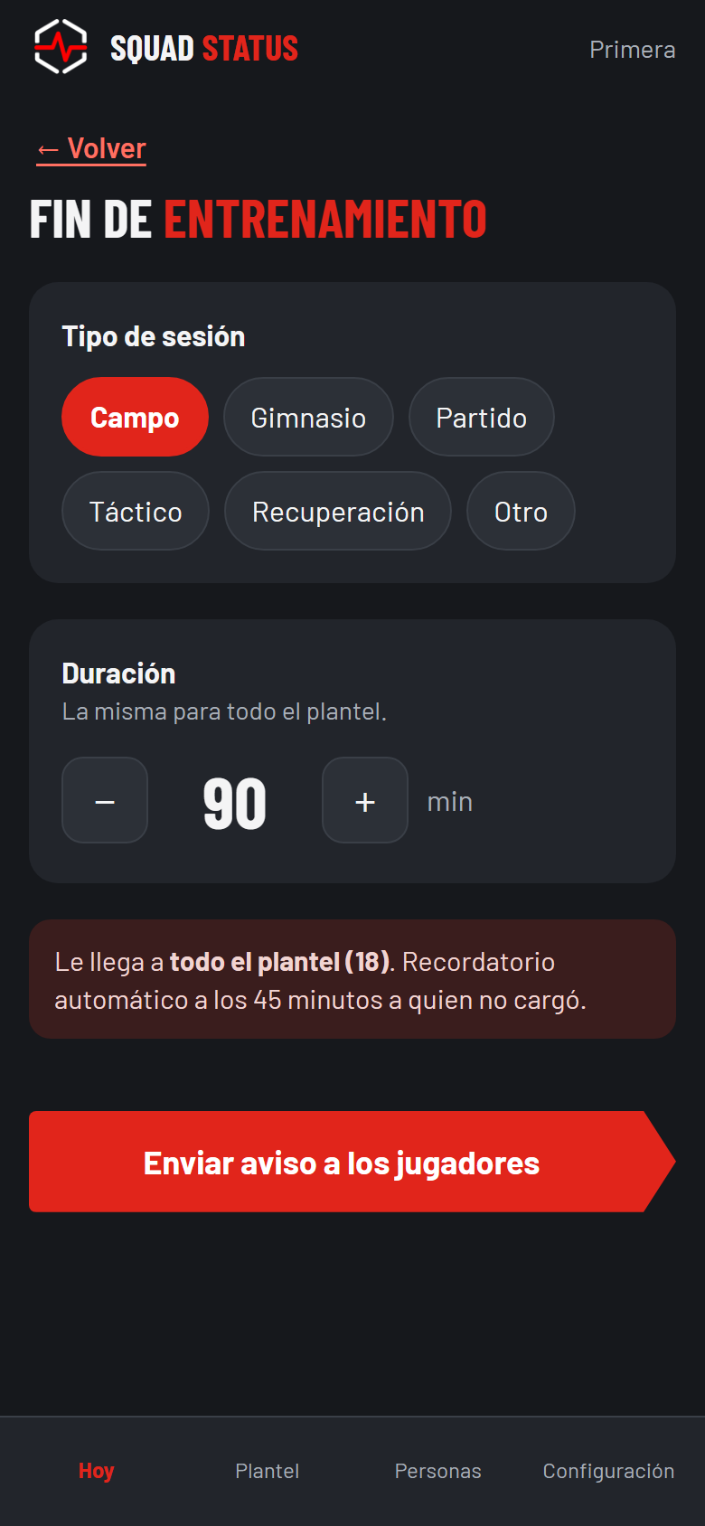 Pantalla Fin de entrenamiento con el tipo de sesión y la duración