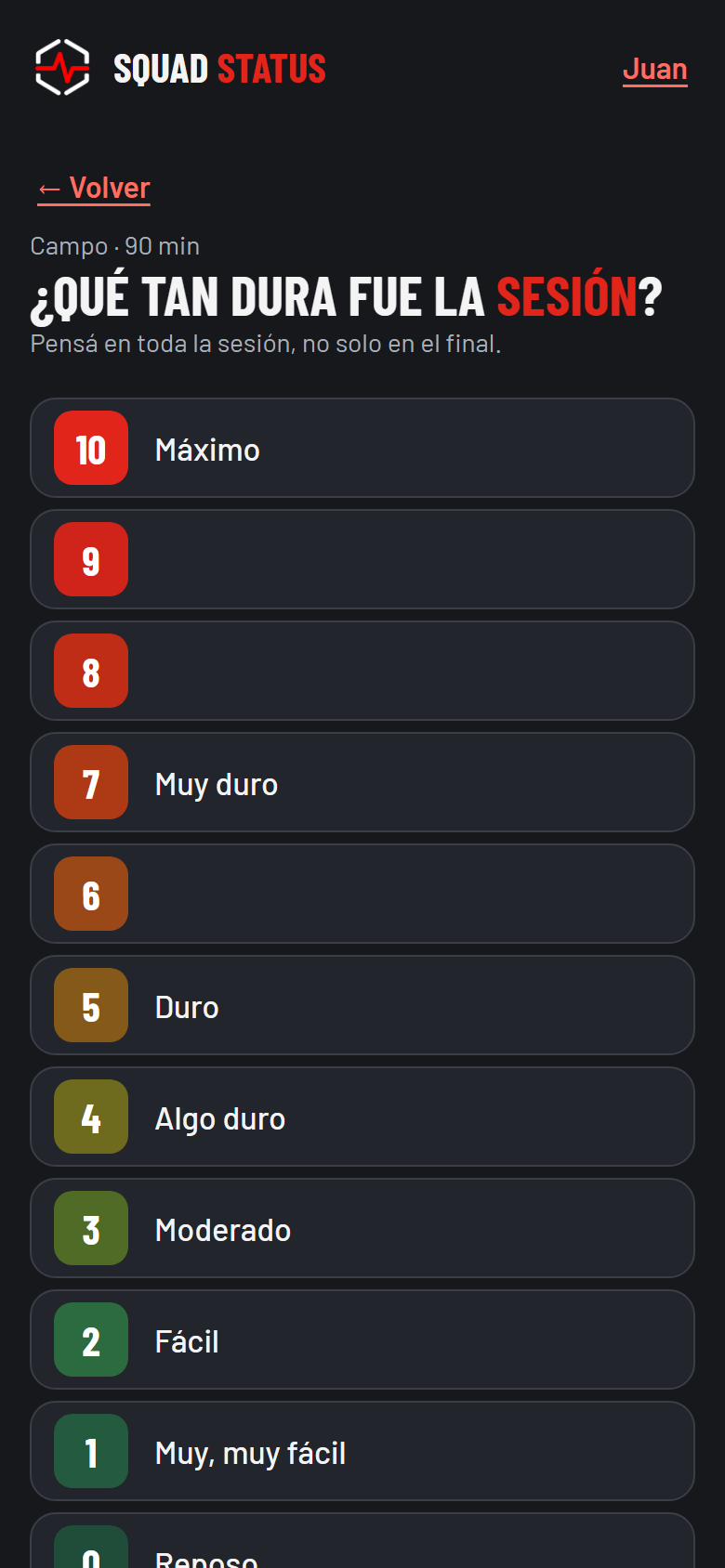 Pantalla del jugador para cargar el RPE con la escala de 0 a 10