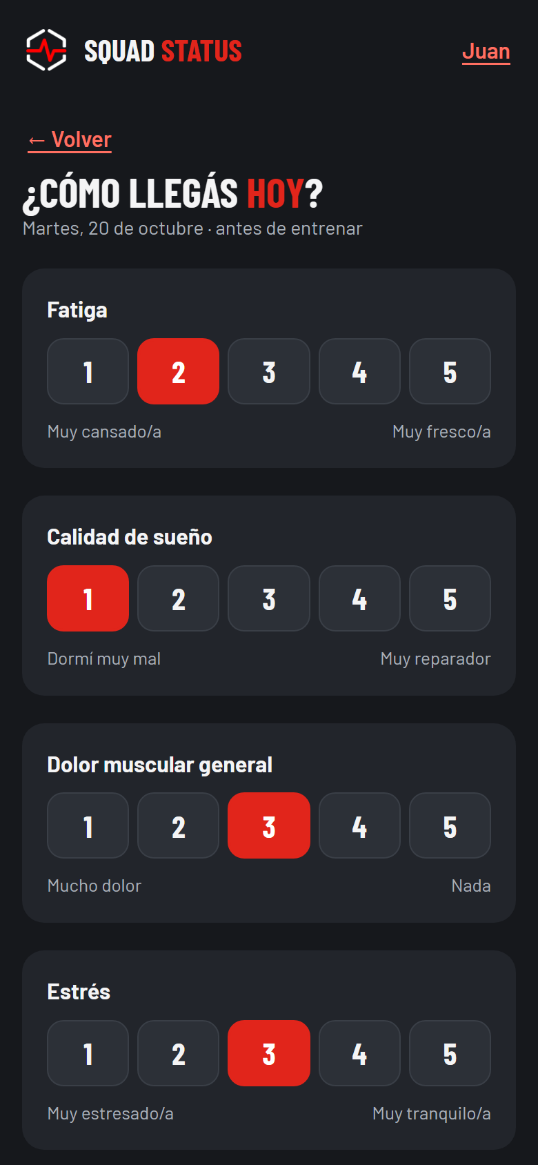 Pantalla de wellness del jugador con los cinco ítems de 1 a 5